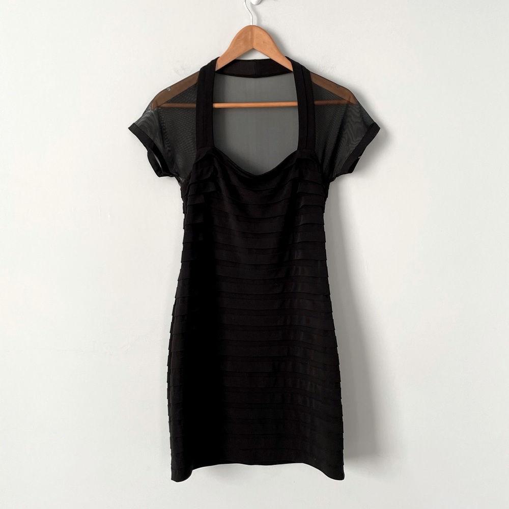 Maggy London Layered Sheer Shift Midi Evening Black Dress Size 8P